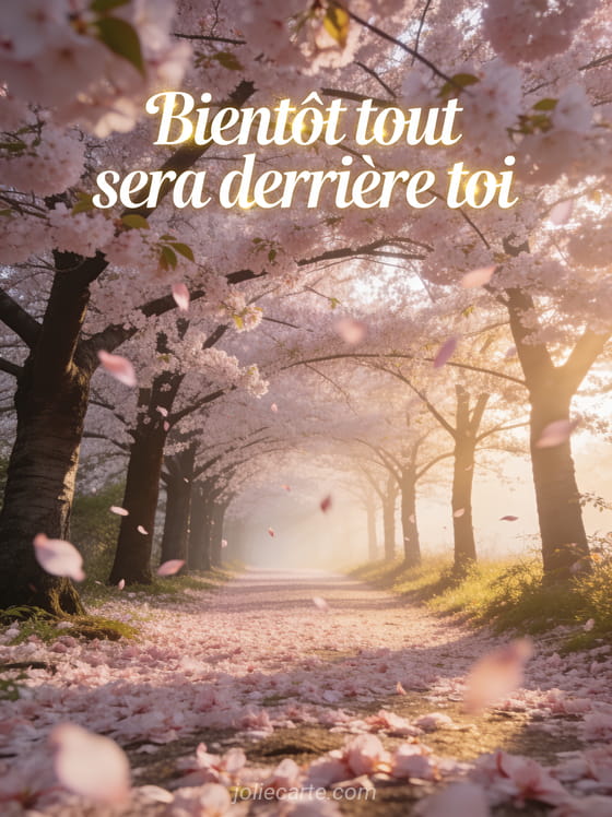 Allée de cerisiers en pleine floraison rose pâle pétales volants lumière dorée matinale avec texte Bientôt tout sera derrière toi