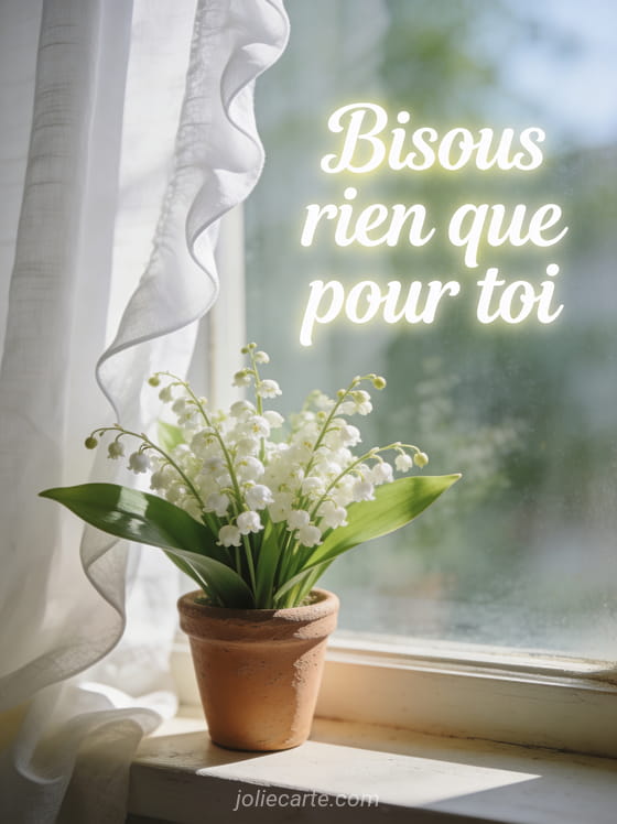 Bouquet de muguet dans un petit pot en terre cuite sur un rebord de fenêtre avec voilage blanc et le texte Bisous rien que pour toi
