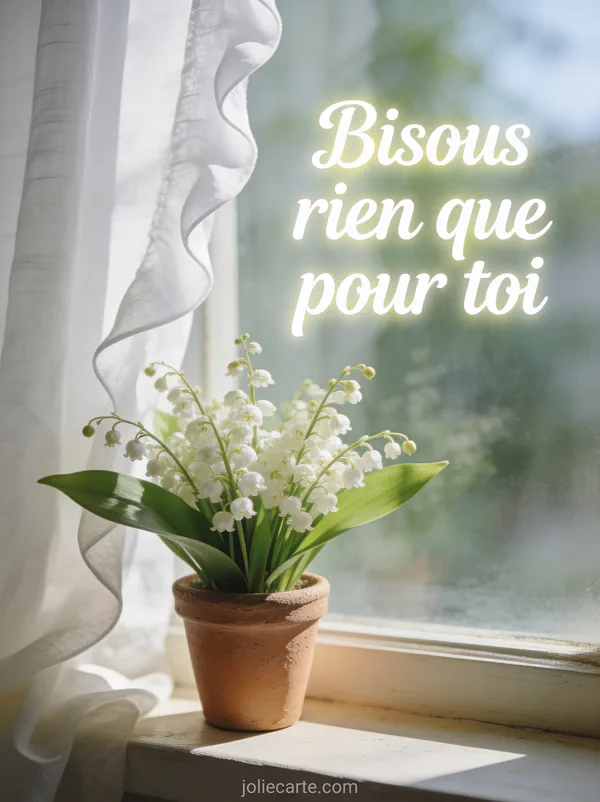 Bouquet de muguet dans un petit pot en terre cuite sur un rebord de fenêtre avec voilage blanc et le texte Bisous rien que pour toi