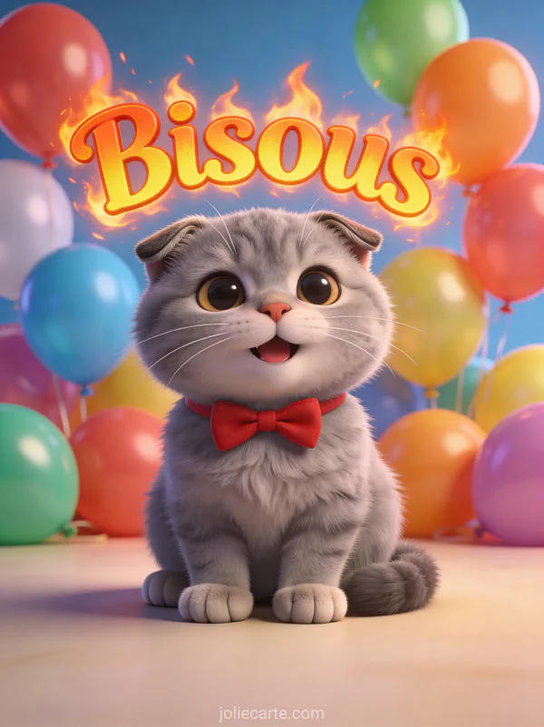 Chat scottish fold gris avec nœud papillon rouge devant des ballons colorés avec le texte Bisous