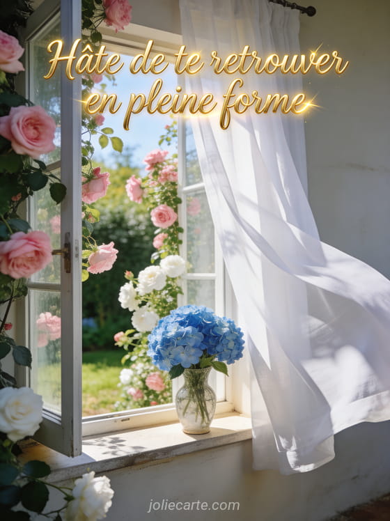 Fenêtre ouverte sur jardin avec rosiers roses rideaux blancs et hortensias bleus lumière chaude avec texte optimiste