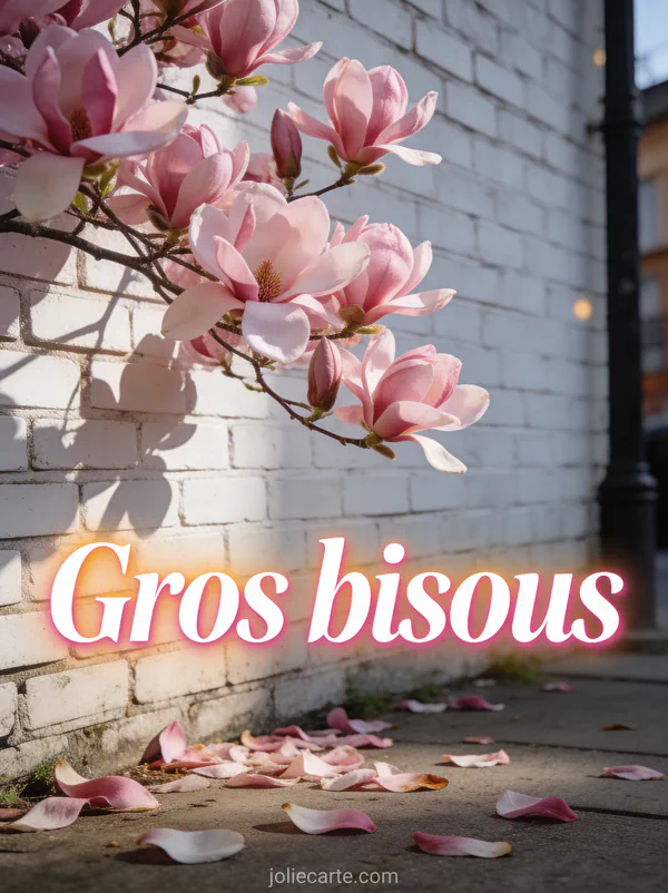 Magnolias roses en pleine floraison contre un mur de briques blanches avec pétales au sol et le texte Gros bisous