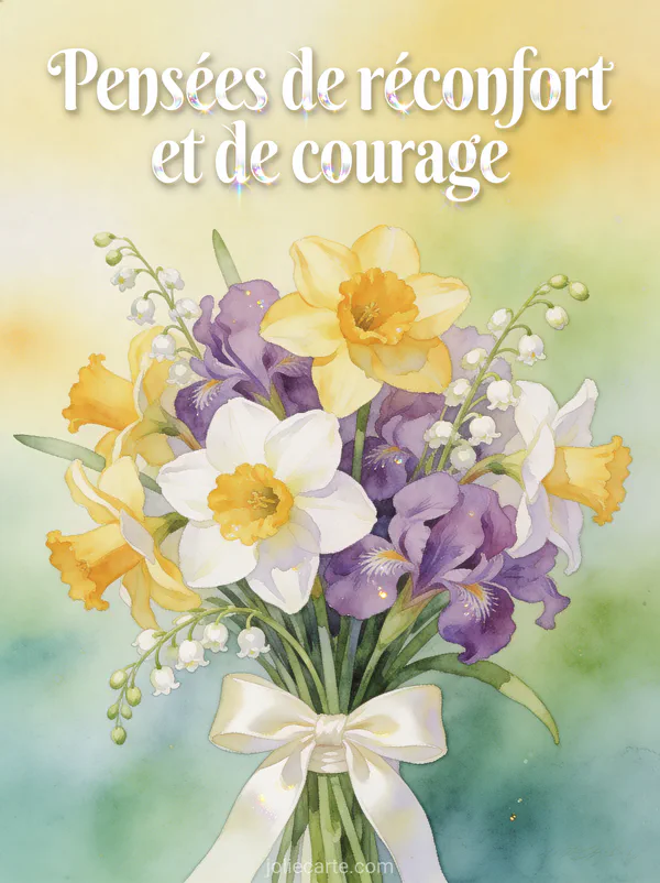 Bouquet champêtre de narcisses violettes et muguet noué ruban satin ivoire fond aquarelle avec texte de réconfort