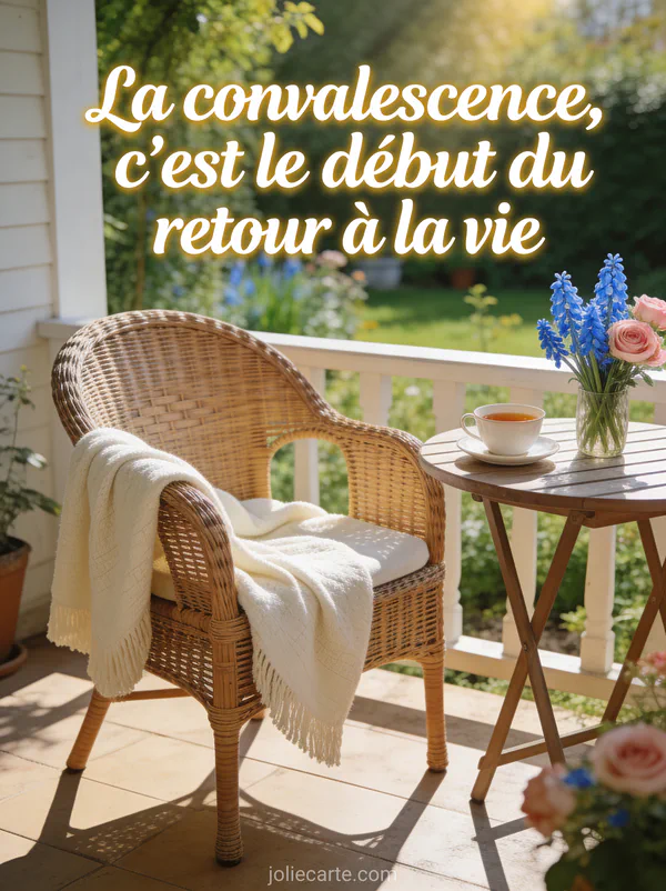 Terrasse ensoleillée fauteuil rotin plaid crème tasse de thé et jacinthes bleues et roses vue jardin avec texte de convalescence