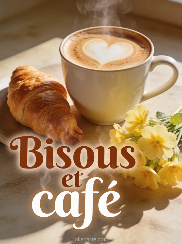 Tasse de cappuccino fumant avec latte art en cœur croissant doré et primevères jaunes avec le texte Bisous et café