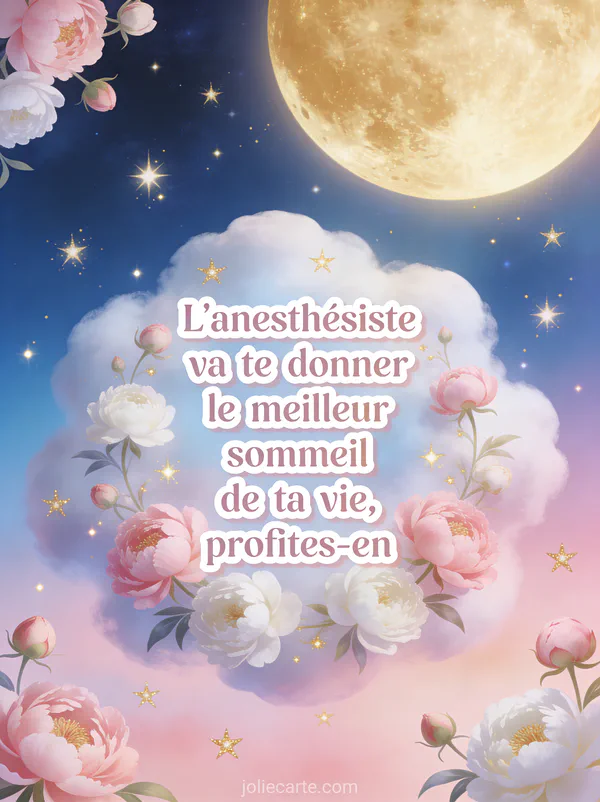Nuage de pivoines roses et blanches avec étoiles dorées et lune fond bleu nuit à rose avec texte humoristique