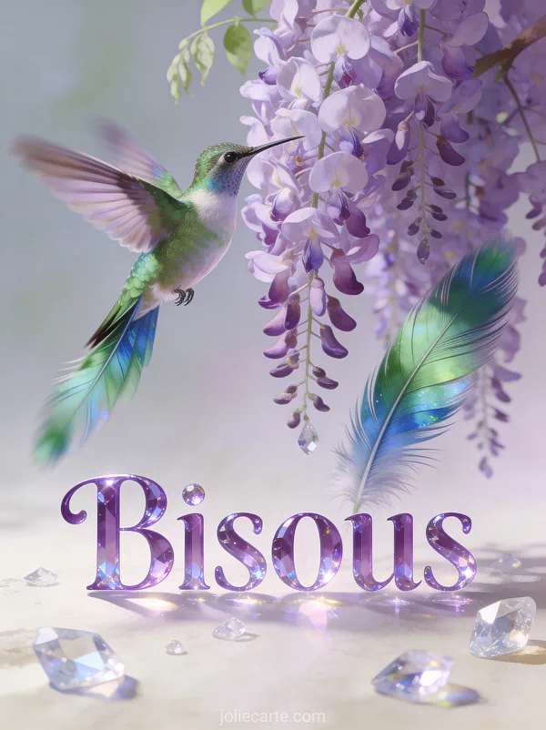Colibri aux plumes irisées en vol stationnaire devant une grappe de glycine mauve avec le texte Bisous