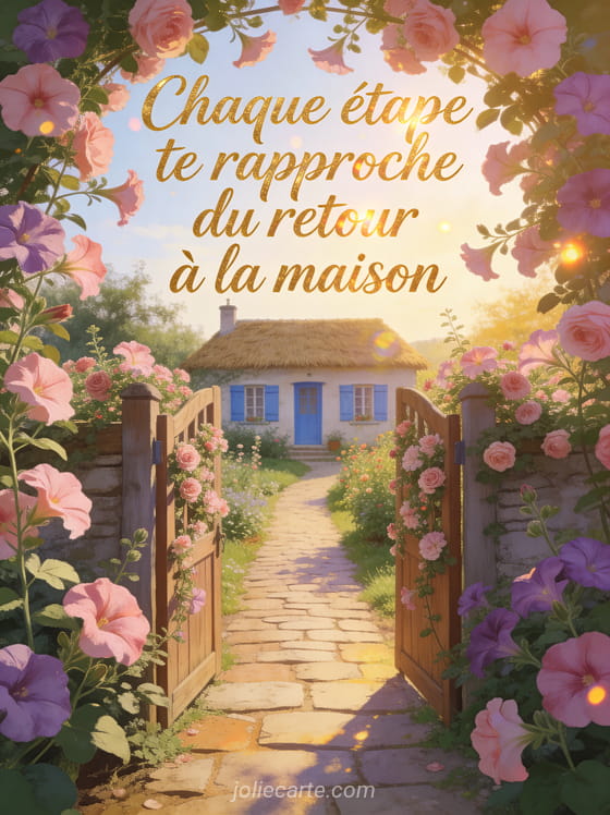 Maison de campagne avec jardin de roses trémières roses et mauves portail fleuri chemin pavé lumière dorée avec texte d'espoir