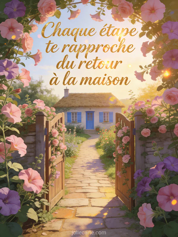 Maison de campagne avec jardin de roses trémières roses et mauves portail fleuri chemin pavé lumière dorée avec texte d'espoir