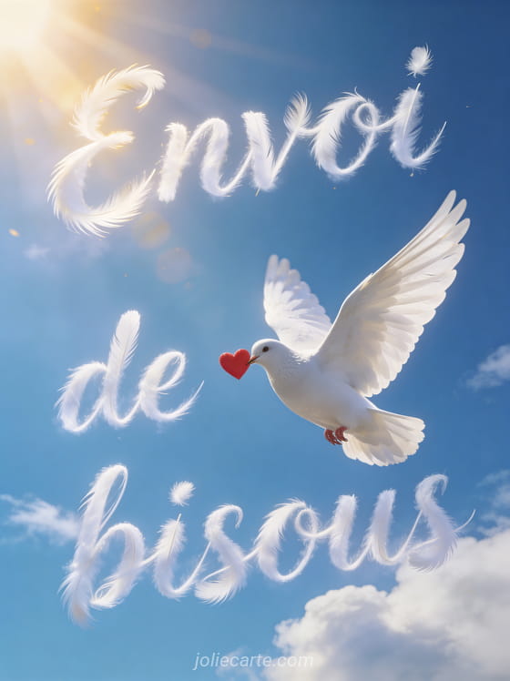 Colombe blanche en vol tenant un petit cœur rouge dans son bec sous un ciel bleu lumineux avec le texte Envoi de bisous