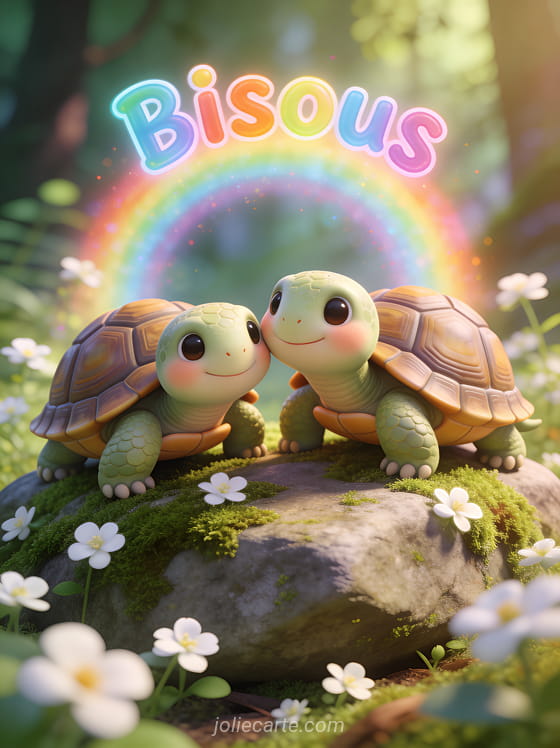 Couple de tortues mignonnes côte à côte sur un rocher couvert de mousse avec des fleurs blanches et le texte Bisous