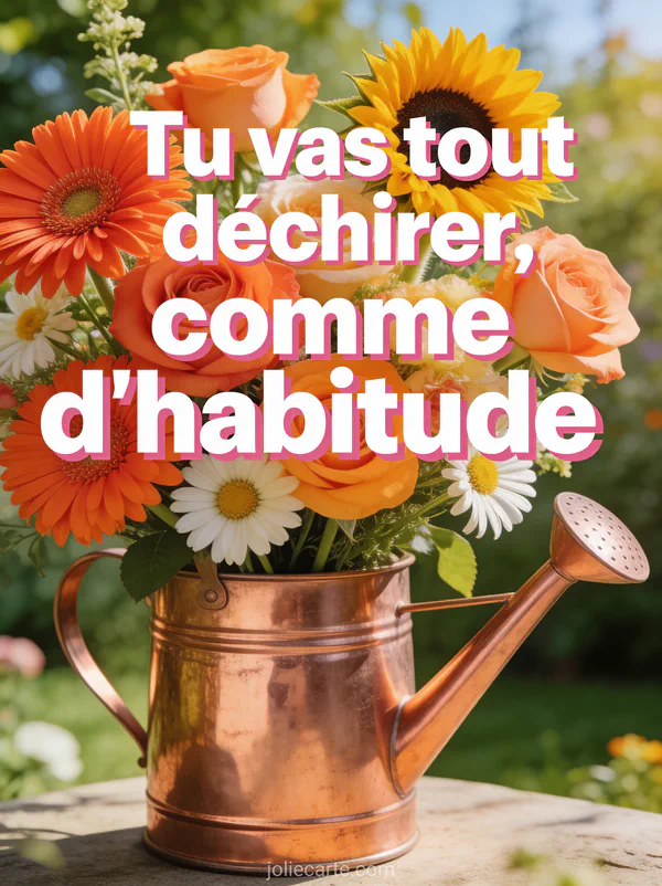 Gerberas oranges et roses tournesols et marguerites dans arrosoir en cuivre jardin ensoleillé avec texte encourageant