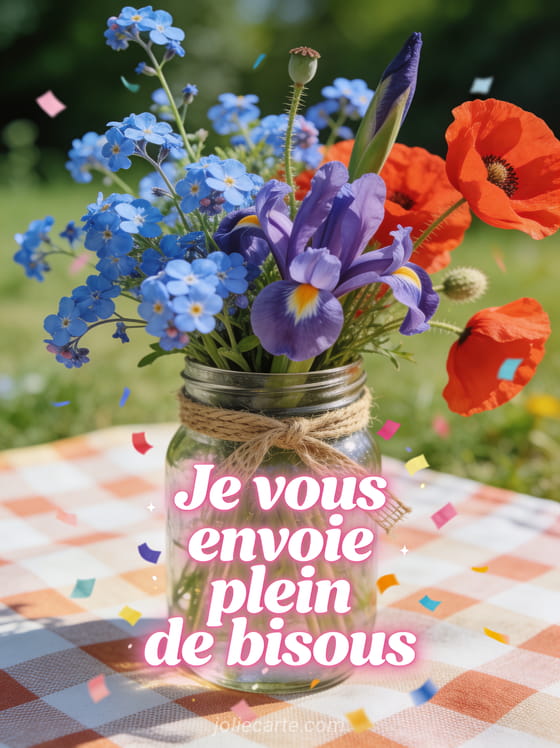 Bouquet champêtre de bleuets iris et coquelicots dans un bocal mason jar sur une nappe à carreaux avec le texte Je vous envoie plein de bisous