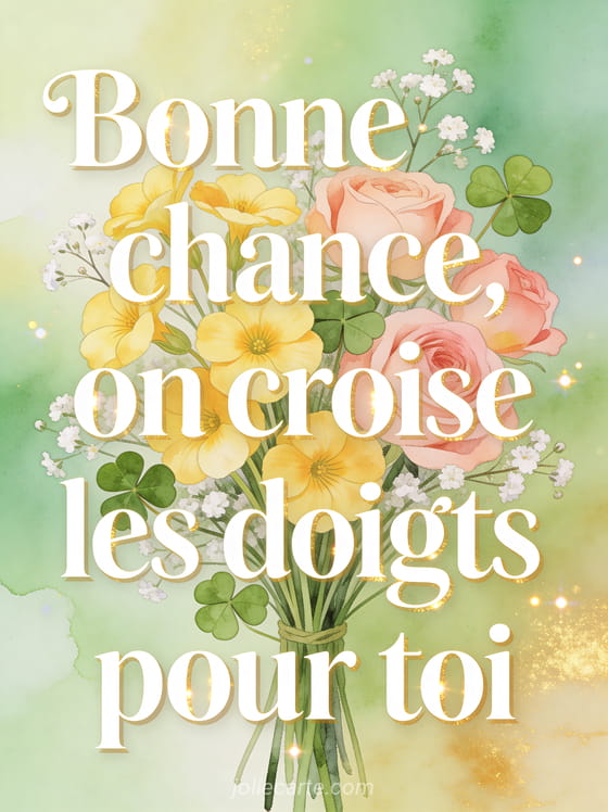 Trèfles quatre feuilles primevères jaunes et roses gypsophile fond aquarelle vert et doré avec texte de bonne chance