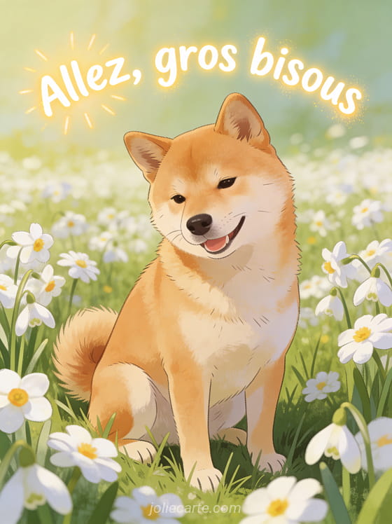 Chien shiba inu souriant assis dans un champ de pâquerettes blanches avec le texte Allez gros bisous