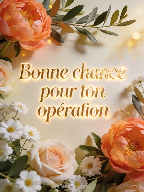 Pivoines corail et roses pâle œillets blancs et feuilles d'olivier fond crème doré avec texte Bonne chance pour ton opération