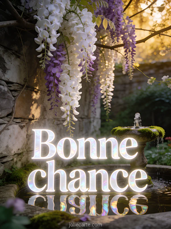 Glycine blanche et lilas en cascade le long d'un mur de pierre fontaine de jardin lumière dorée avec texte Bonne chance