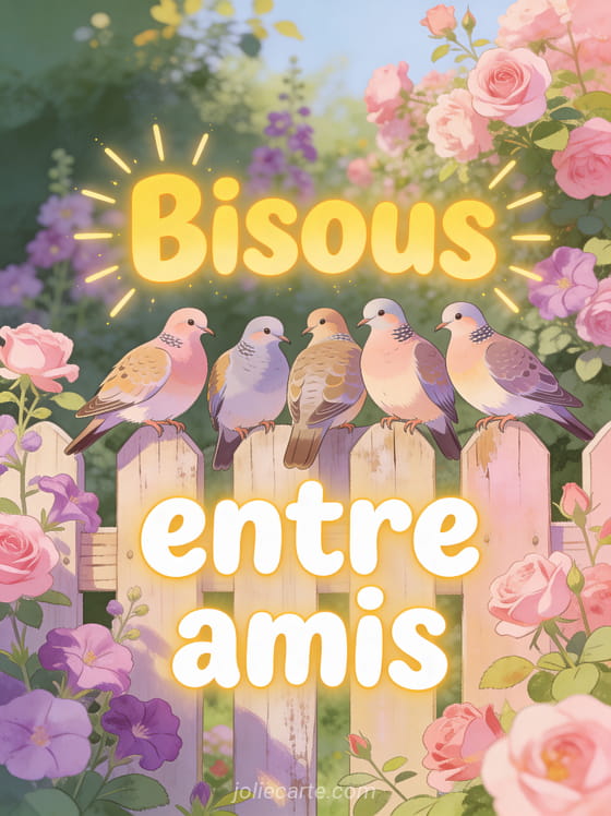 Tourterelles perchées sur une clôture de jardin avec des roses trémières roses et le texte Bisous entre amis