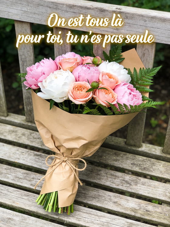 Bouquet de pivoines roses et roses anciennes pêche avec fougère emballé papier kraft sur banc de jardin texte de solidarité
