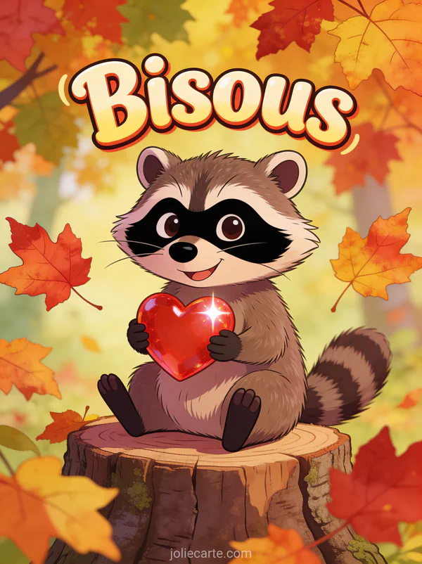 Raton laveur malicieux assis sur une souche tenant un cœur rouge avec des feuilles d'érable colorées et le texte Bisous
