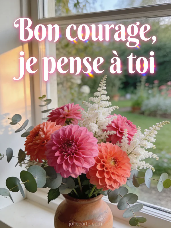 Dahlias roses vif et corail avec astilbes blanches dans vase terre cuite lumière naturelle avec texte Bon courage je pense à toi