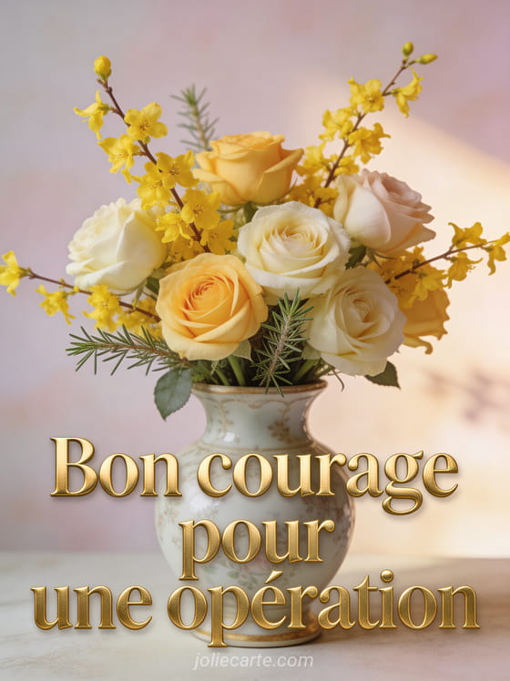 Roses thé jaune pâle et crème avec forsythia en fleurs et romarin dans vase porcelaine vintage fond pastel texte de courage