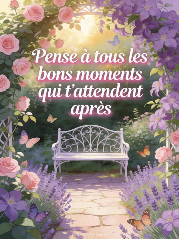 Jardin anglais banc fer forgé blanc rosiers grimpants clématites violettes lavande papillons lumière dorée texte optimiste