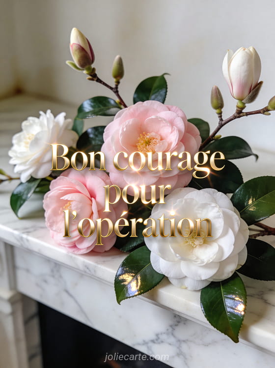 Camélias roses et blancs avec branches de magnolia en bouton sur console marbre blanc lumière douce texte de courage