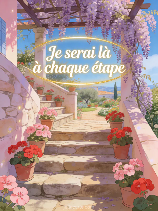 Escalier jardin en pierre bordé de géraniums roses glycine tombant pergola vue jardin méditerranéen texte de présence