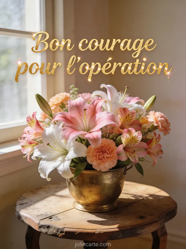 Lys orientaux roses et blancs alstroemérias et œillets pêche dans pot laiton sur guéridon ancien lumière douce texte de courage