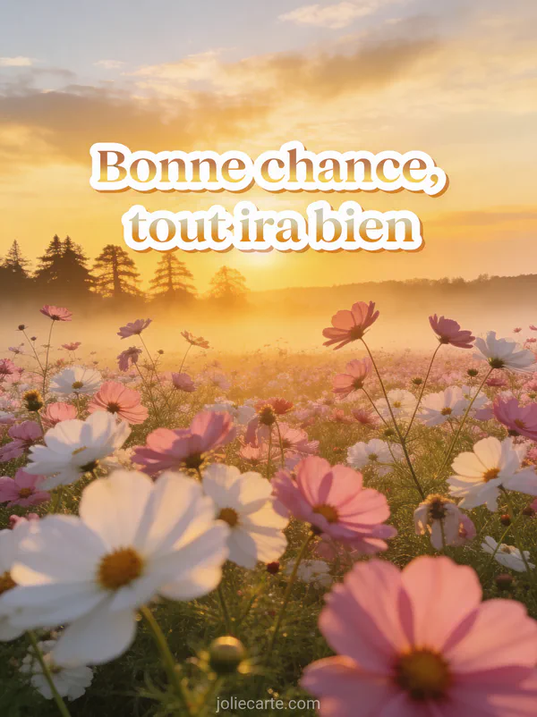 Champ de cosmos roses et blancs sous ciel doré de coucher de soleil brume dorée et texte Bonne chance tout ira bien
