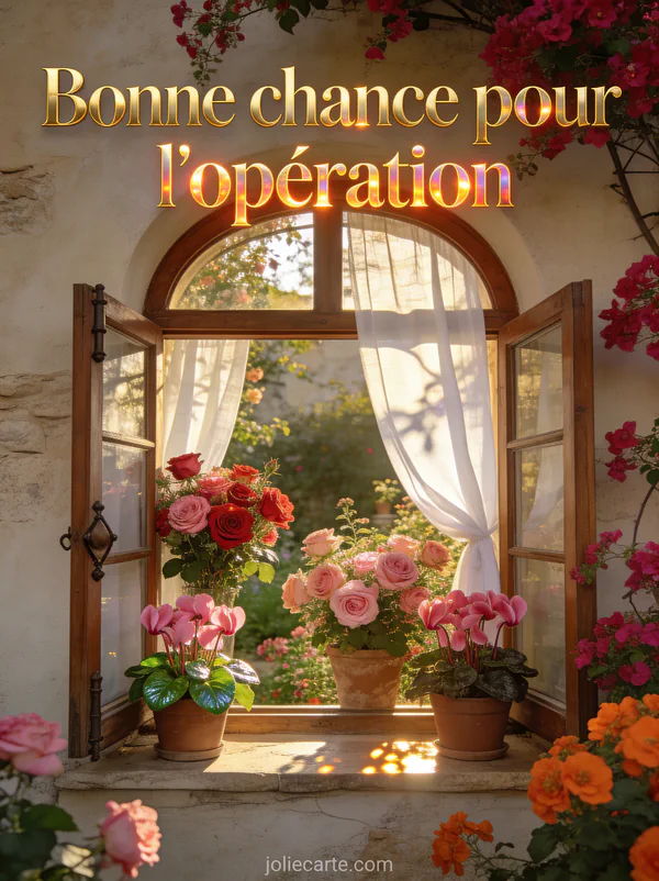 Fenêtre cintrée ouverte sur jardin de roses anciennes cyclamen roses bougainvilliers rideaux lin blanc lumière dorée texte bonne chance