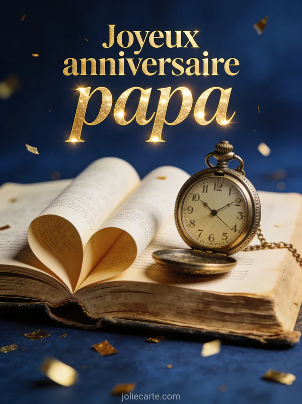 Montre de poche vintage posée sur un livre ancien avec confettis dorés et le texte Joyeux anniversaire papa