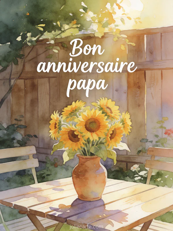 Bouquet de tournesols dans un vase en terre cuite sur une table de jardin avec le texte Bon anniversaire papa en aquarelle