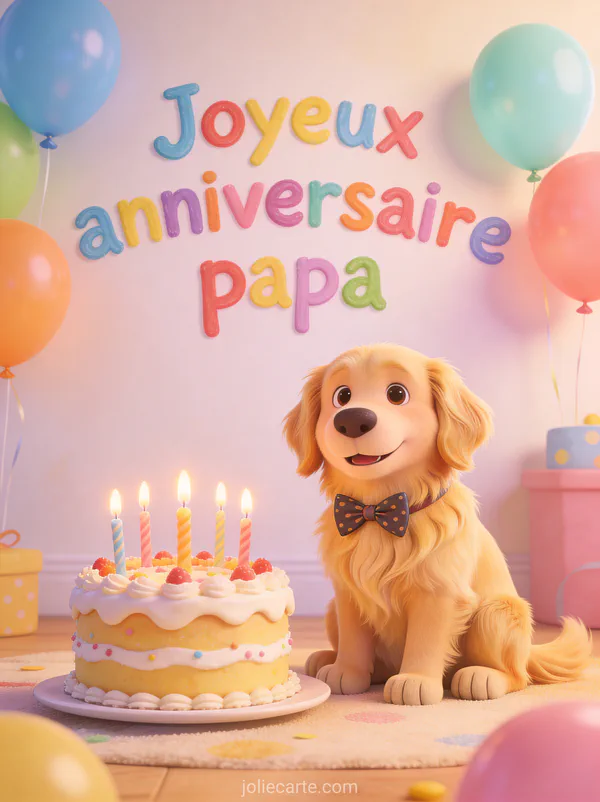 Chien golden retriever avec noeud papillon assis à côté d'un gâteau d'anniversaire et ballons colorés