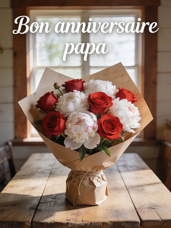 Bouquet de roses rouges et pivoines blanches dans un emballage kraft sur une table en bois avec le texte Bon anniversaire papa