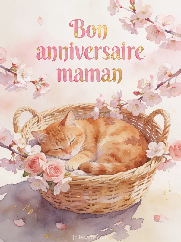 Illustration aquarelle d'un chat roux endormi dans un panier entouré de fleurs de cerisier avec le texte Bon anniversaire maman
