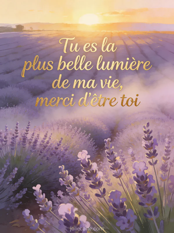 Lever de soleil sur un champ de lavande avec le texte Tu es la plus belle lumière de ma vie écrit en lettres dorées