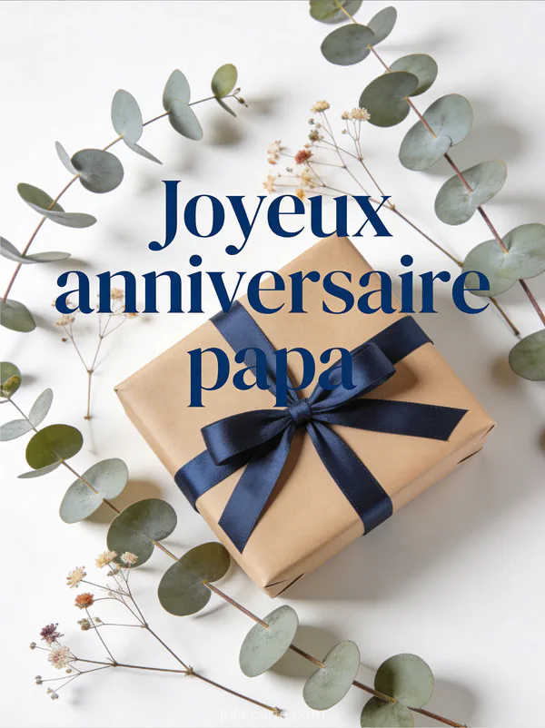 Boîte cadeau en papier kraft avec ruban bleu marine entourée de branches d'eucalyptus et le texte Joyeux anniversaire papa