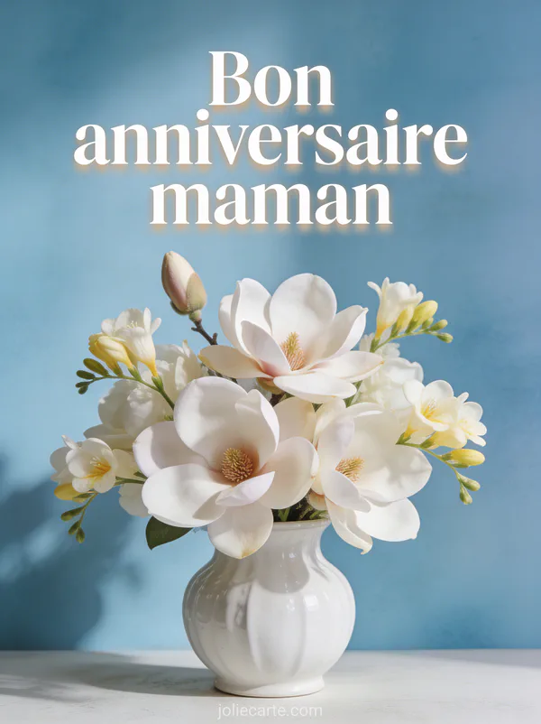 Bouquet de magnolias et freesias dans un vase en porcelaine sur fond bleu pastel avec le texte Bon anniversaire maman