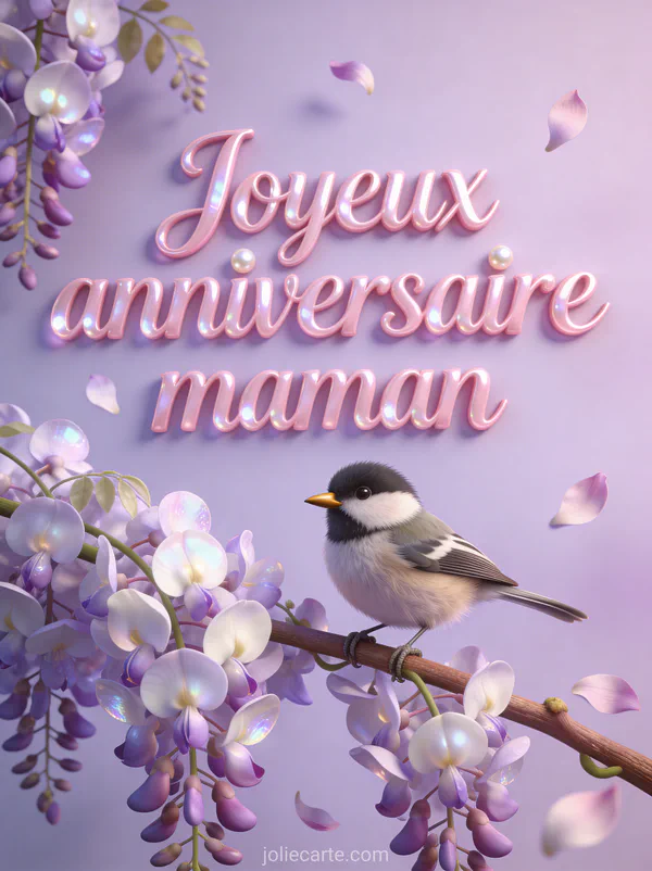 Illustration d'une mésange posée sur une branche de glycine en fleurs avec le texte Joyeux anniversaire maman