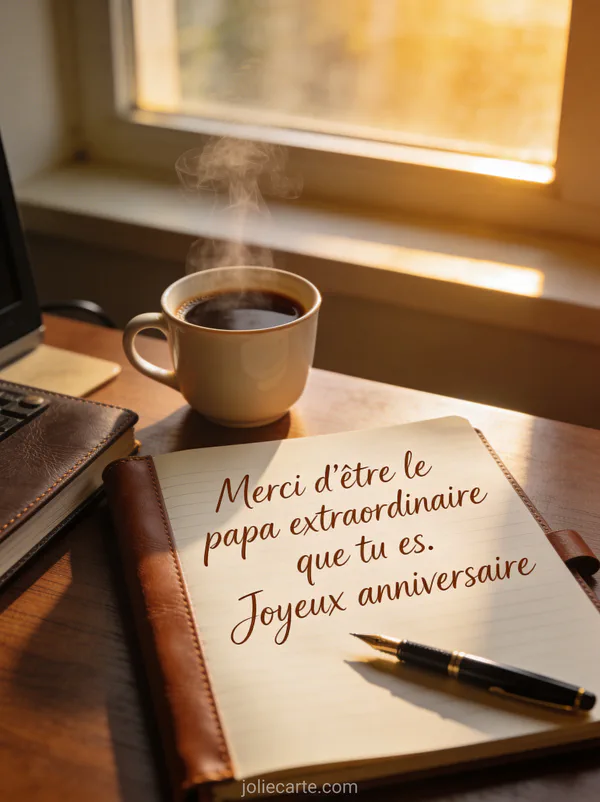 Tasse de café fumante sur un bureau en bois avec carnet en cuir et stylo plume dans la lumière matinale