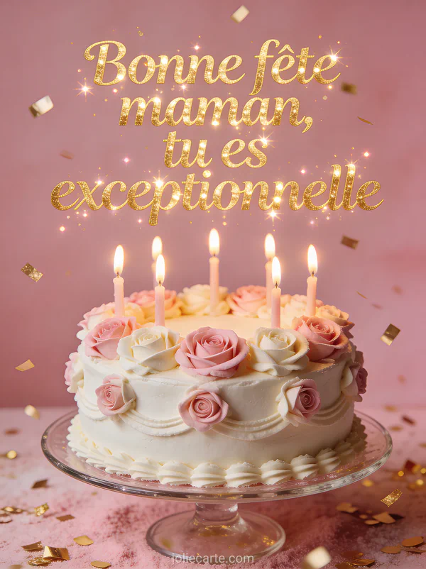 Gâteau d'anniversaire décoré de roses en crème avec bougies allumées et le texte Bonne fête maman tu es exceptionnelle
