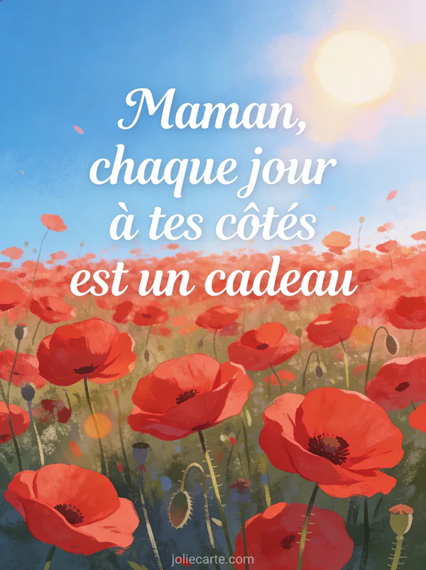 Champ de coquelicots rouges sous un ciel bleu avec le texte Maman chaque jour à tes côtés est un cadeau