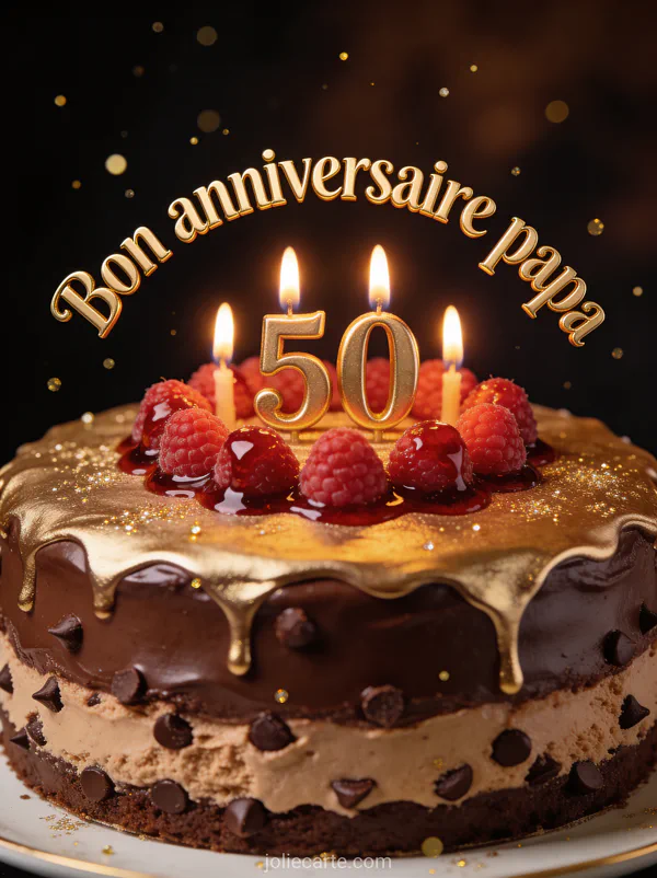 Gâteau d'anniversaire au chocolat avec glaçage doré bougies allumées et framboises et le texte Bon anniversaire papa