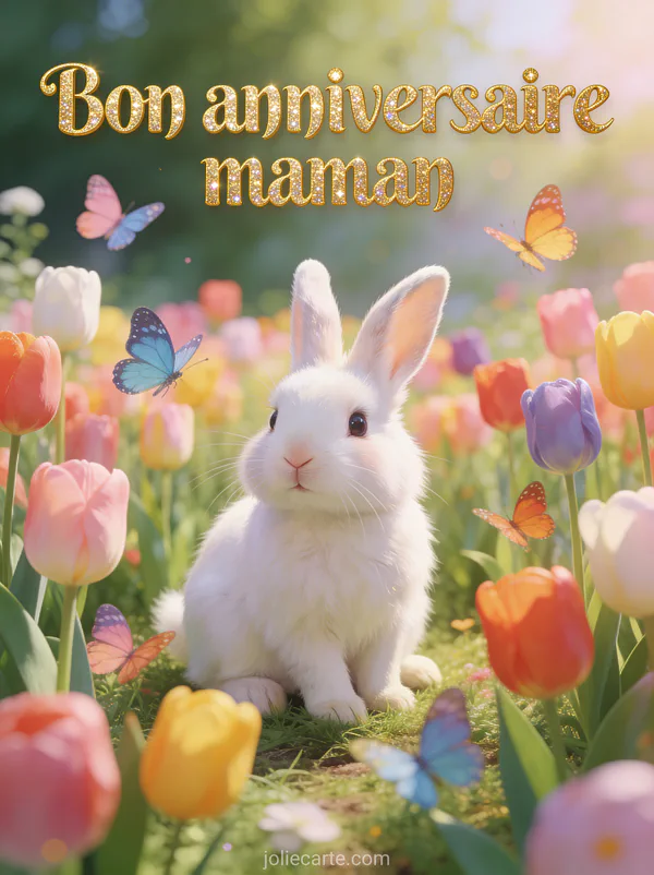 Illustration d'un lapin blanc dans un jardin de tulipes multicolores avec papillons et le texte Bon anniversaire maman