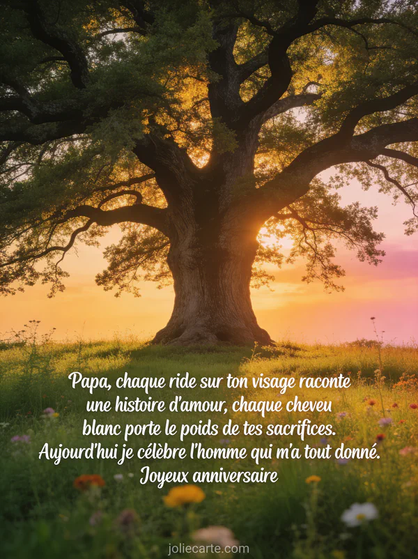 Vieux chêne majestueux dans une prairie au coucher du soleil avec lumière dorée filtrant à travers les branches