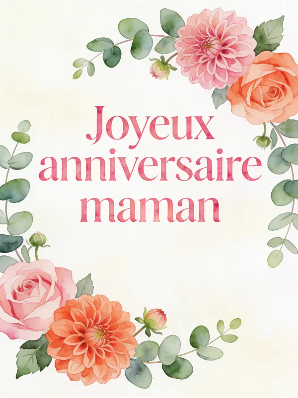 Composition de dahlias roses et corail en arc avec feuilles d'eucalyptus et le texte Joyeux anniversaire maman