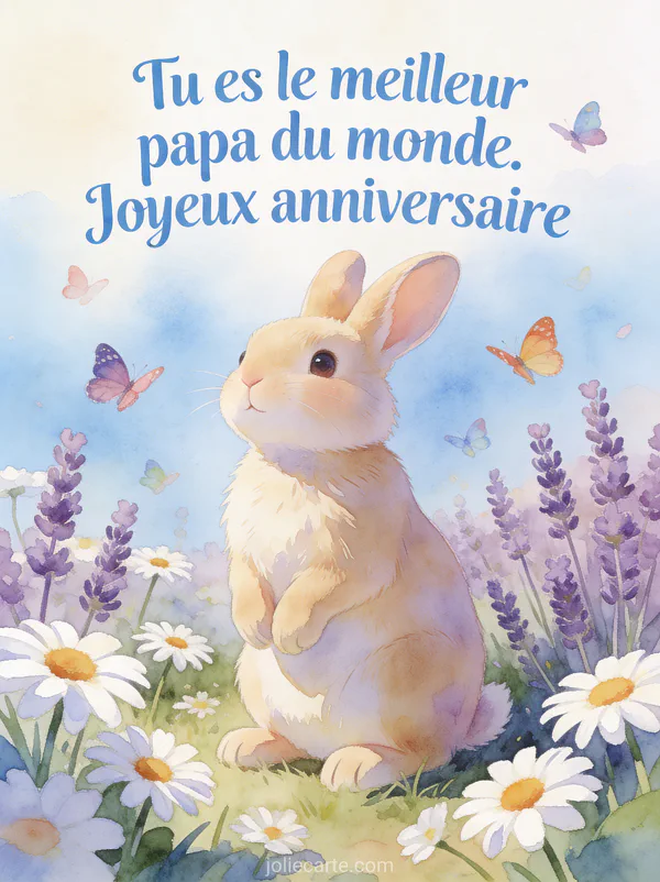 Lapin beige dans un jardin de marguerites et lavande avec papillons et le texte Tu es le meilleur papa du monde