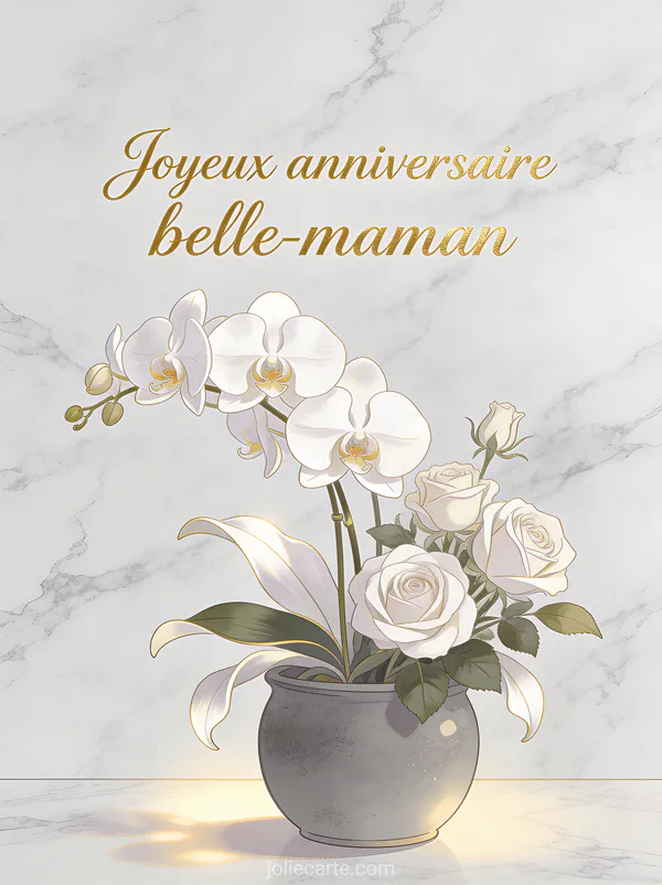 Orchidées blanches et roses dans un pot en céramique sur fond marbre avec le texte Joyeux anniversaire belle-maman